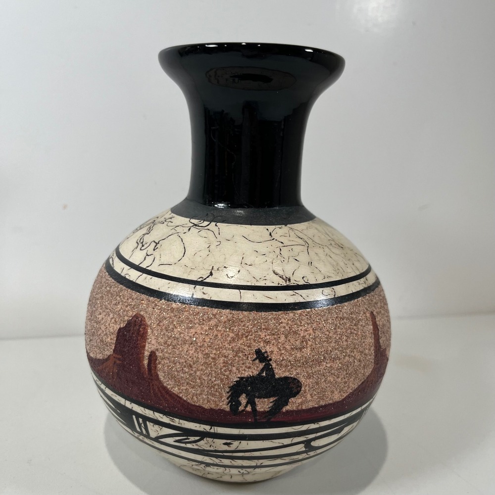 Vintage Navajo Pottery Vase Horsehair Desert Scene Southwestern Sand Native